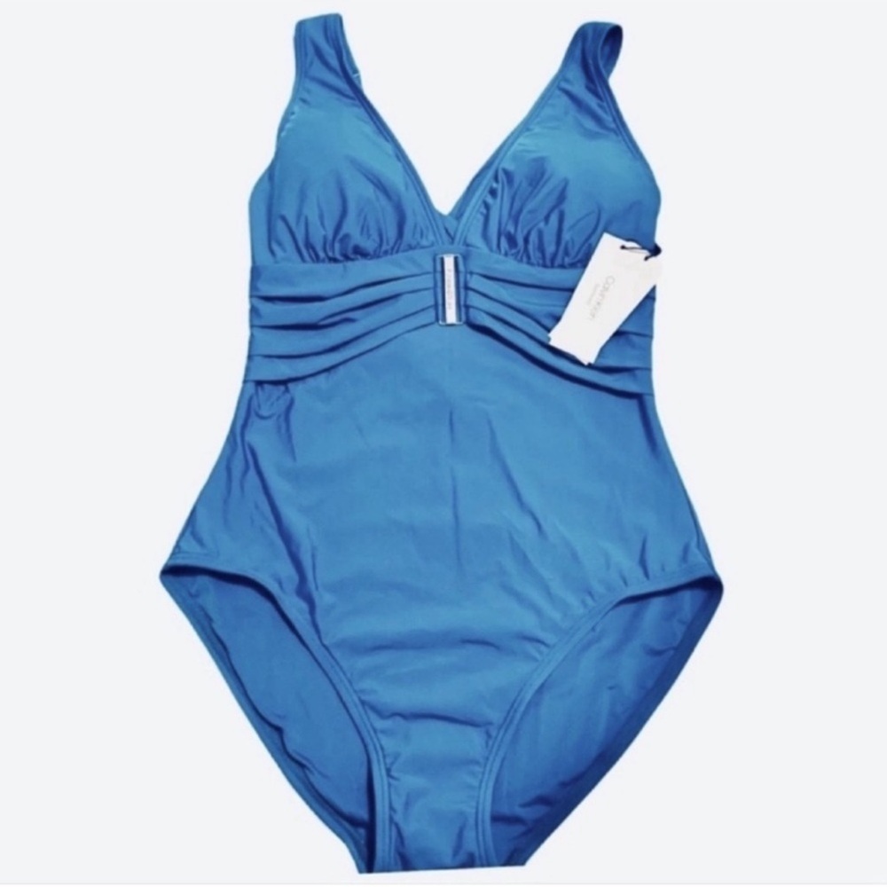 NEW Calvin Klein One Piece Swimsuit Crisscross Back Pleat Detail Blue Size 8